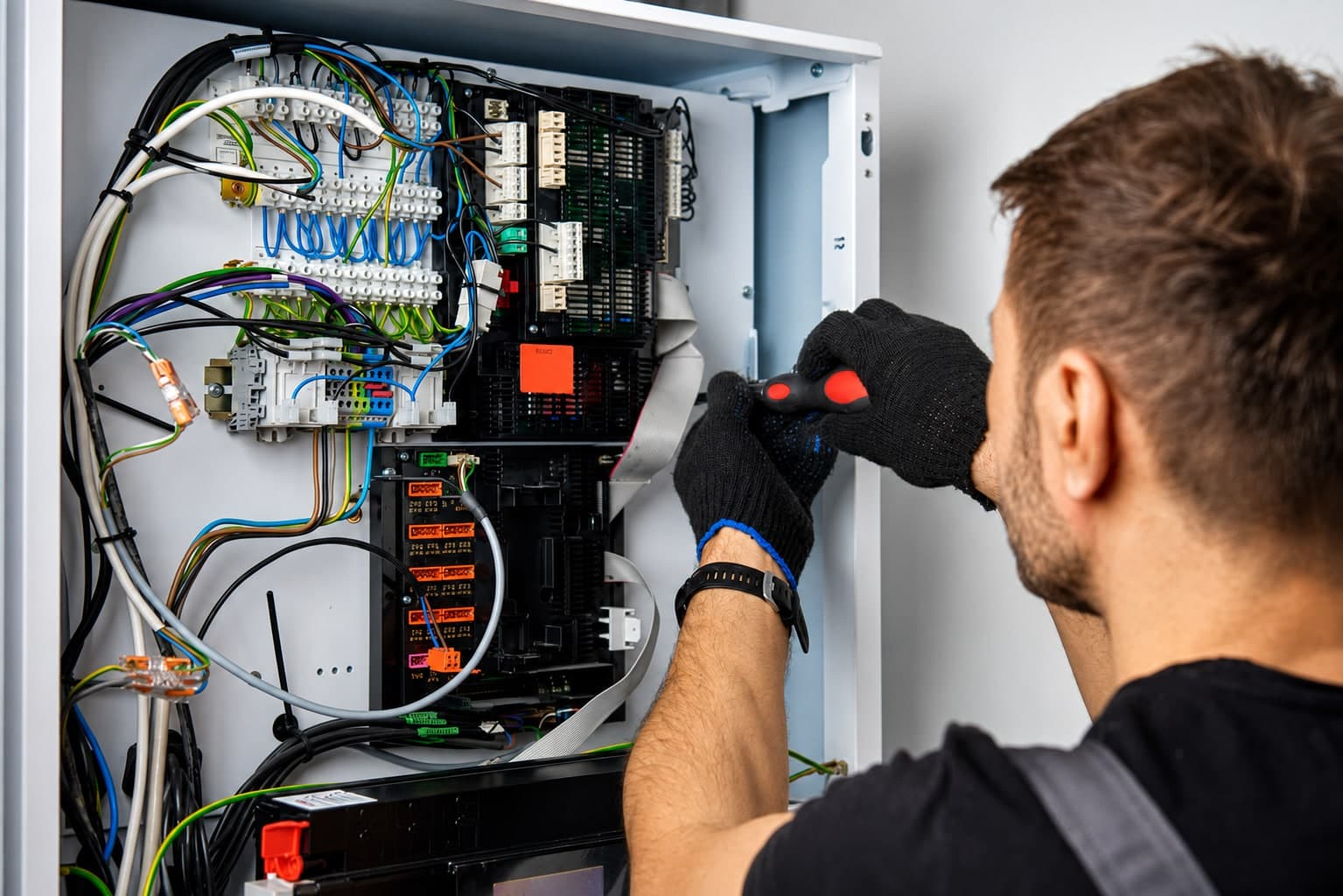A gloved technician working inside an open electrical distribution panel with a screwdriver